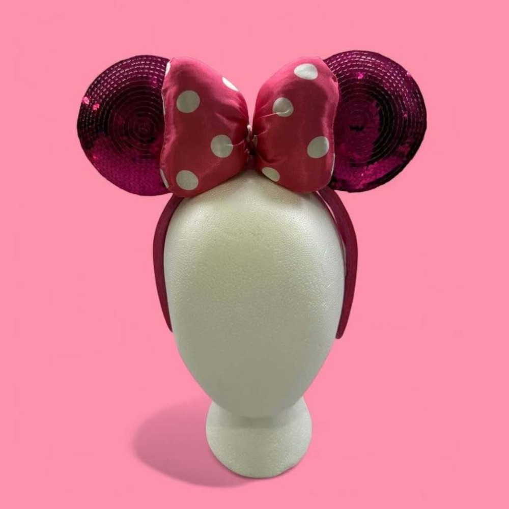 Disney Minnie Mouse Pink Sequin Polka Dot‎ Bow Mouse Ears-One Size Fits All